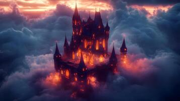 Mystical castle hovering amid a sea of clouds, ethereal glow, reminiscent of a dreamscape photo