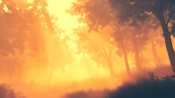 Ethereal golden forest scene with fog and sun rays, creating a dreamlike atmosphere view photo