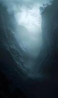 Moody canyon landscape illustration with ethereal mist and natural textured rock faces photo