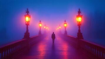 A Journey Through Twilight Illuminated by Vintage Lamps on an Atmospheric Pathway photo
