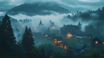 Atmospheric mountain village shrouded in mist, evokes a sense of mystery and enchantment photo