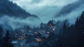 Serene alpine settlement embraced by ethereal mist and enveloping twilight atmosphere photo