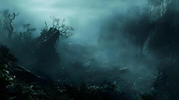 Ethereal landscape shrouded in mystic fog, silhouetted trees and rugged terrain creating mood photo