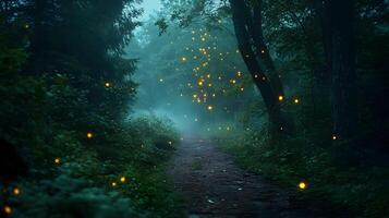 Enchanted trail illuminated by whimsical fireflies, casting a magical atmosphere at twilight photo