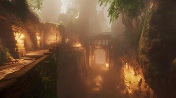 Mystical Pathway through Ancient Ruins shrouded in Fog and illuminated by Soft Light photo