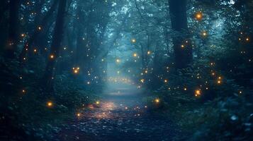Enchanted luminous forest path with floating lights, creating a whimsical and dreamy ambiance photo