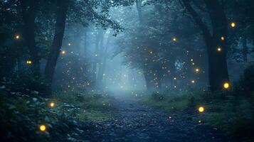Ethereal forest pathway with floating golden lights creating a magical ambiance scene photo