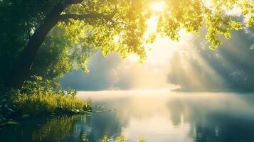 Enchanting light filtered through tranquil forest canopy casting a soft glow on peaceful lake photo