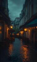 Romantic Parisian street with bistro cafes glowing warmly under an overcast twilight sky photo