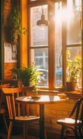 Cozy Cafe Interior Illuminated by Sunlight Streaming Through the Window with plants photo