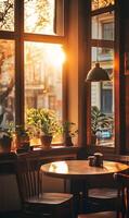 Captivating interior view of a cozy cafe with sunlit windows, a table and decorative plants. photo