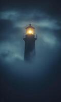 Illuminated navigation structure amidst ethereal cloud cover in a nighttime coastal scene photo