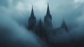 Misty Gothic Architecture Cathedral Emerges from Obscurity, Moody and Ethereal Scene photo