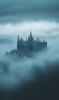 Mystical realms architectural enigma, castle shrouded in clouds of mystery and imagination photo