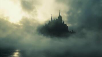 Enshrouded Citadel Serenity A Gothic Fortress Emerges in Mists on Calm Waters Surface photo