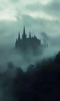 Silhouette of gothic architecture a formidable castle surrounded by a mystical fog, dark fantasy photo