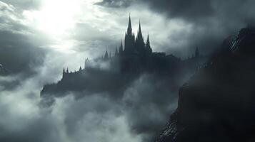Mysterious castle rises through the misty abyss, silhouetted by sun's glare, creating a surreal scenery photo