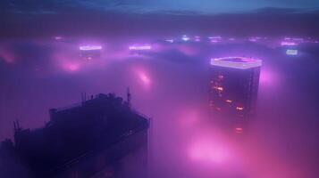 Neon Dreams A Cityscape Shrouded in Mystical Fog, Modern Architecture bathed in Hues photo
