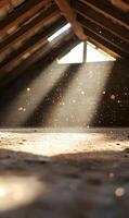 Mystical Sunlight Illuminates a Dusty Attic Interior, Creating an Ethereal Atmosphere photo