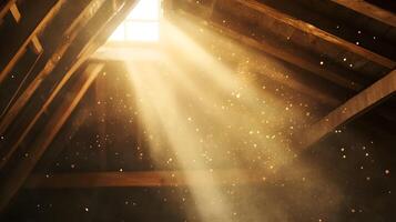 Attic interior with light rays cutting through dust, creating a dreamy and mystical atmosphere photo