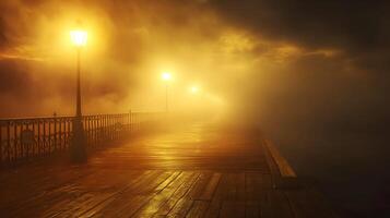 Illuminated pier vanishing into the fog, creating a mystical ambiance at waters edge photo
