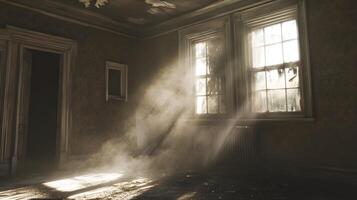 Sunlight filtering into an abandoned room with decaying walls and two vintage windows photo