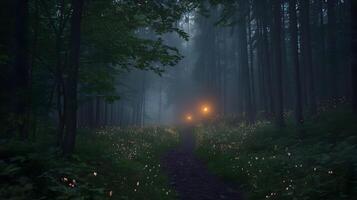 Mystical pathway through twilight forest illuminated by ethereal glowing spheres ahead photo