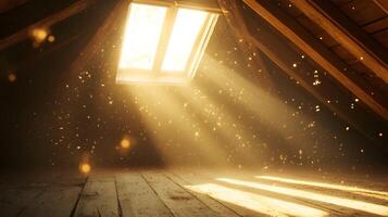 Illuminated Attic with Sunlight Rays Streaming Through, Creating an Ethereal Ambiance photo