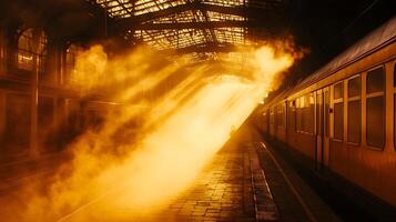 Illuminated Railway Platform with Train Carriages and an Ethereal Golden Light Display photo