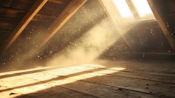 Illuminating Attic Interior Scene with Sunbeams and Airborne Dust Particles Creating Atmosphere photo