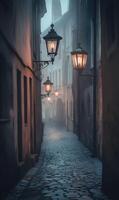Mystical european alley with old cobblestone pavement and glowing lanterns in the mist photo