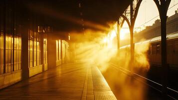 Atmospheric train station platform glowing in golden light with a vintage aesthetic scene photo