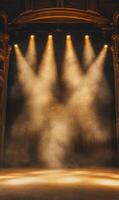 Captivating theatrical stage backdrop with golden spotlights and fog, ready for your performance photo
