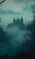 Mysterious enchanted castle shrouded in swirling mist and dense foliage, an ethereal vision photo