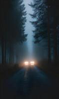 Intriguing woodland drive at night, illuminated by the ghostly glow of headlight through fog photo