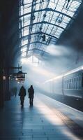 Atmospheric Train Station Platform with People Silhouetted in Fog and Architectural Detail photo