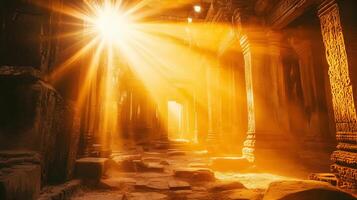 Ancient Temple Interior Glowing with Light A Sanctuary of Stone and Sun Rays photo