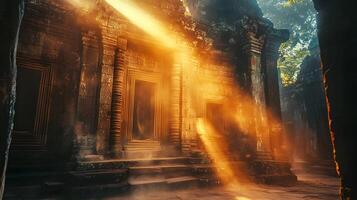 Ancient temple ruin with golden sunlight streaming, offering mystery and visual impact photo
