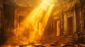 Ancient temple bathed in ethereal light with stone steps leading to carved doorways photo