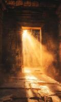 Radiant Sunlight Illuminating the Entrance to an Ancient Stone Structure Interior photo