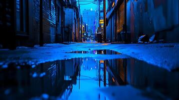 Captivating alleyway image highlighting reflections on a water puddle on a calm and serene day photo