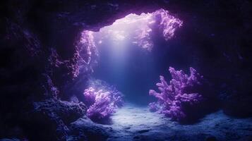 Serene underwater cave with vibrant corals, illuminated by a soft light filtering in above photo