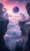 Surreal celestial landscape with ethereal clouds, rugged cliffs, and a violet orb photo