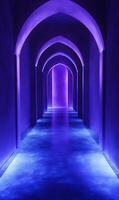 Mystical violet corridor with arched doorway and light flooring creates alluring atmosphere photo