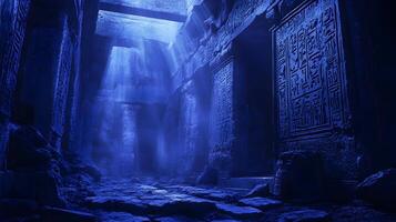 Mysterious ancient temple interior with hieroglyphs and light rays cutting through the gloom photo