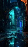 A digital cityscape featuring a cyberpunk alleyway with neon elements reflecting in water photo