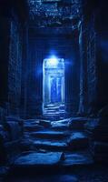 Mystical blue temple corridor hinting at ancient architectural wonders and spiritual journeys photo
