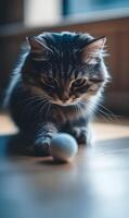 Captivating feline focused intensely, poised to pounce while batting a small playful sphere photo