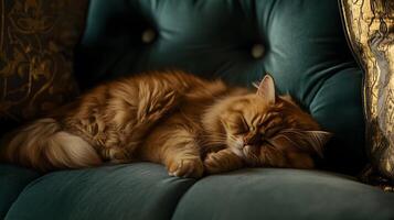 Serene feline slumber resting contentedly on a plush turquoise sofa in a cozy setting photo