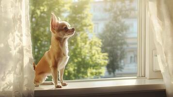 Curious chihuahua on window sill observing outside world with curtains on a sunny day photo